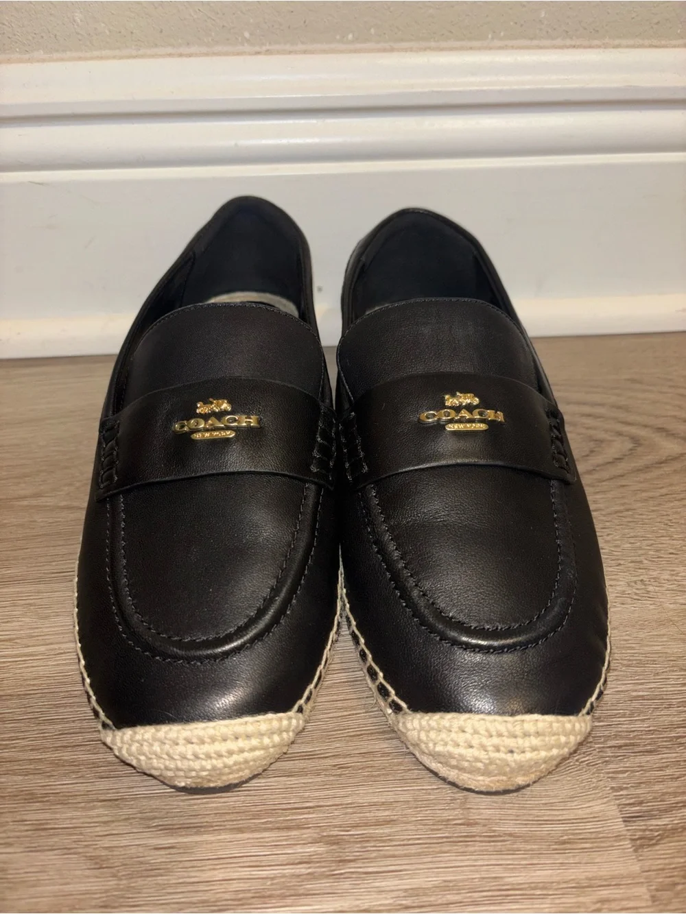 Coach Black Leather Espadrille Loafers with Braided Rope Sole size 6.5 B